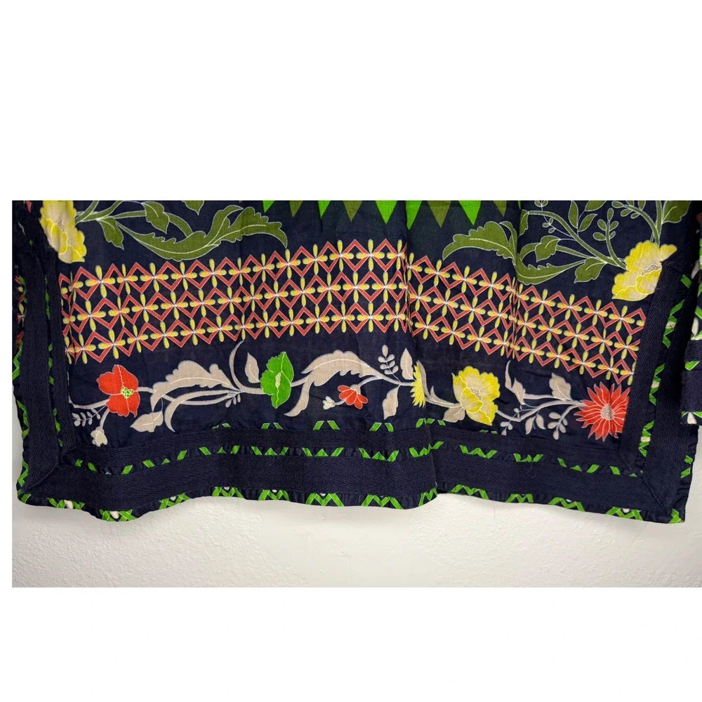 Tory Burch Women Sz 12 Navy Green Floral Medallion Tunic Side Zip Cotton Top